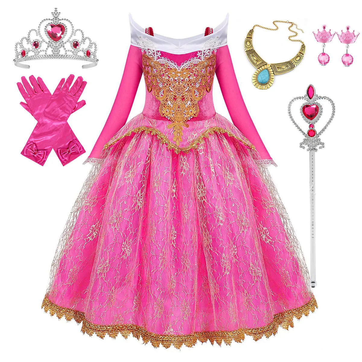 Exquisite Princess Ball Gown Sleeping Beauty Fairy Tale Costume Play Lace Gold Rim Deluxe Christmas Aurora Party Dress 2 4 6 8Yr
