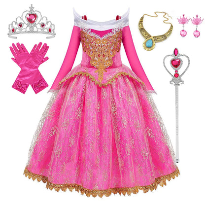 Exquisite Princess Ball Gown Sleeping Beauty Fairy Tale Costume Play Lace Gold Rim Deluxe Christmas Aurora Party Dress 2 4 6 8Yr