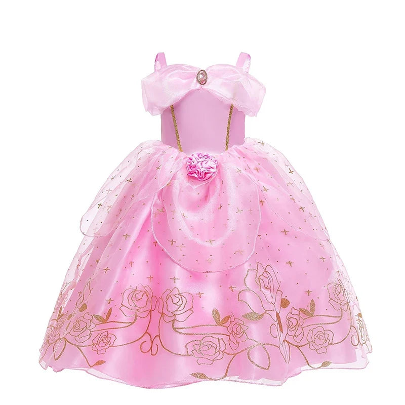 Sleeping Beauty Aurora Princess Dress Cosplay Off Shoulder Kids Gifts Fancy Halloween Party Girl Baby Lace Dress Set