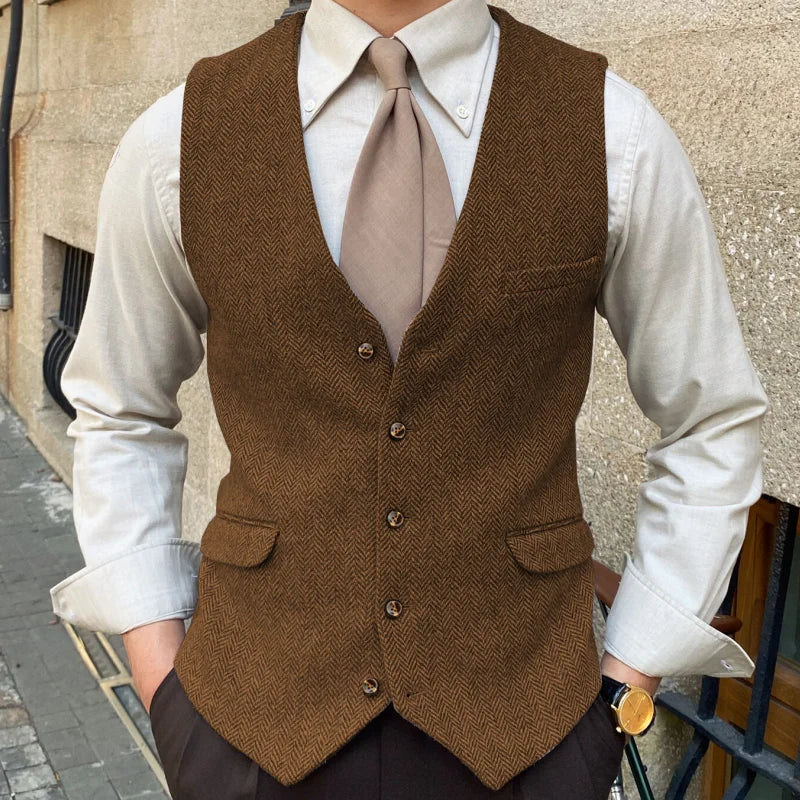 Men Vest Blue Herringbone Solid Color Single Button Waistcoat For Wedding Business Banquet Work Formal Men Suit Vest