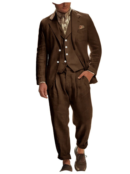 Italian Style Men's Linen 3 Piece Set Notch Lapel 2 buttons Blazer+Vest+Pants Breathable Lightweight Summer Casual Business Suit