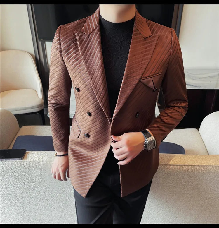British Style Luxury Men Double Breasted Twill Suit Jacket High Quality Fashion Business Slim Fit Groom Social Party Suit Dress