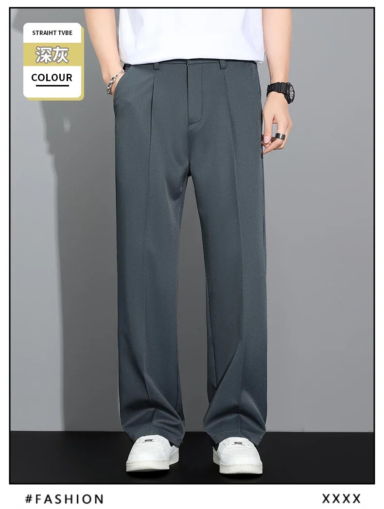 Men's 2026 Summer Korean Style Loose Straight Leg Draping Lightweight Casual Pants Slacks Khaki Dark Gray Black Trousers Male