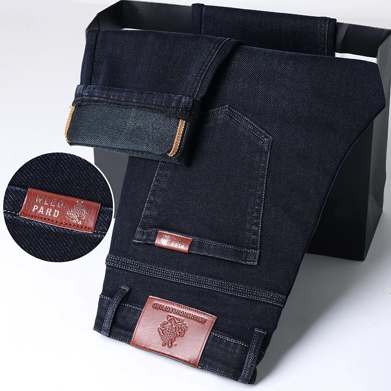 Classic Straight Men's Jeans Spring Slightly Thick Elastic Casual Office Business Trousers Fashion Comfort Washed Denim Pants
