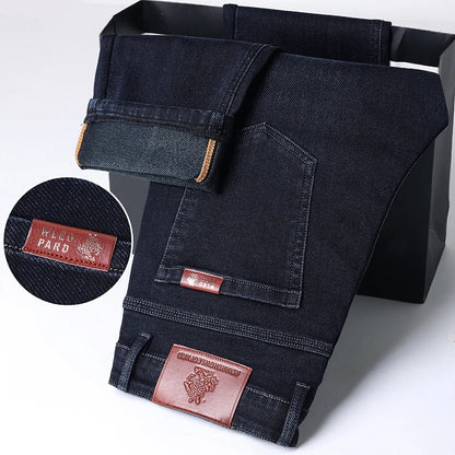 Classic Straight Men's Jeans Spring Slightly Thick Elastic Casual Office Business Trousers Fashion Comfort Washed Denim Pants