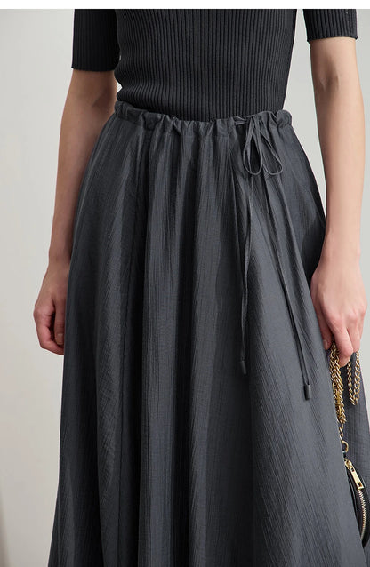 Minimalist New Summer Knee Length A-line Skirt Women Adjustable Drawstring Solid Color Commuting Style Loose Skirt 12522025