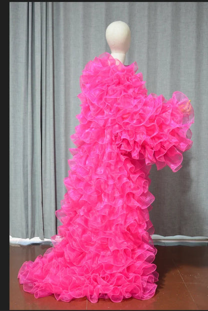 Amazing Layered Organza Long Jacket Puffy And Long Full Sleeves Cape Vest Outfit Party Fashion Stage Drag Queen Coat Cloak