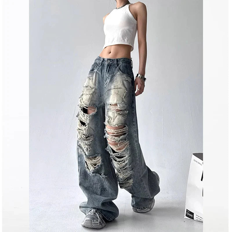 American Sle Trendy Girl Destroyed Denim Jeans Women Loose Wide Leg Straight Cut Floor-Length Pants High Waist Casual Jeans