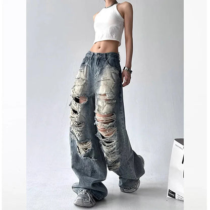 American Sle Trendy Girl Destroyed Denim Jeans Women Loose Wide Leg Straight Cut Floor-Length Pants High Waist Casual Jeans