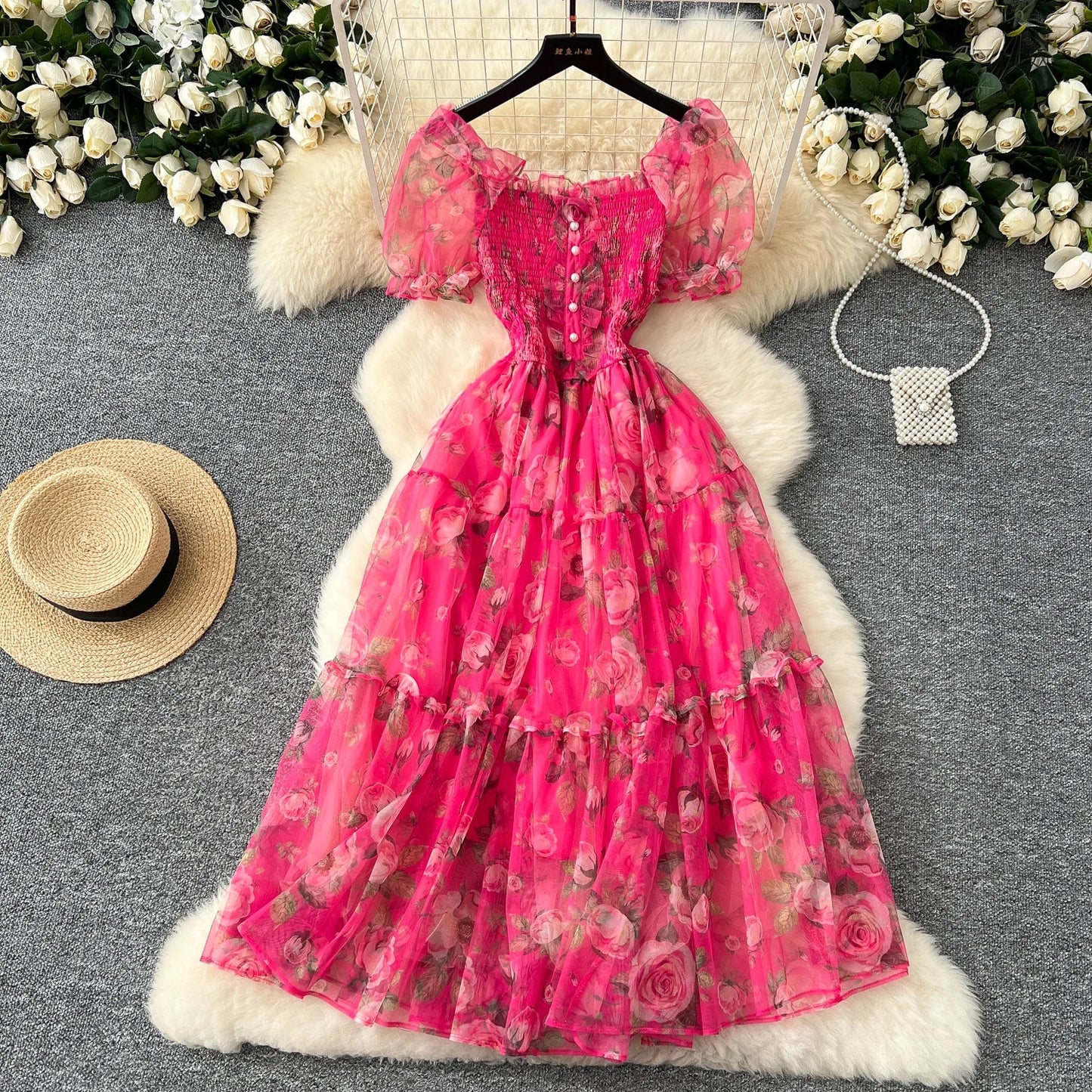 Retro Floral Chiffon Dr Women's Waist Cinched Bubble Sve Me Skirt Tea Break Gentle Soft Sle Korean High Waist A-Lin...