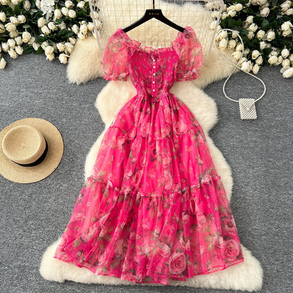 Retro Floral Chiffon Dr Women's Waist Cinched Bubble Sve Me Skirt Tea Break Gentle Soft Sle Korean High Waist A-Lin...
