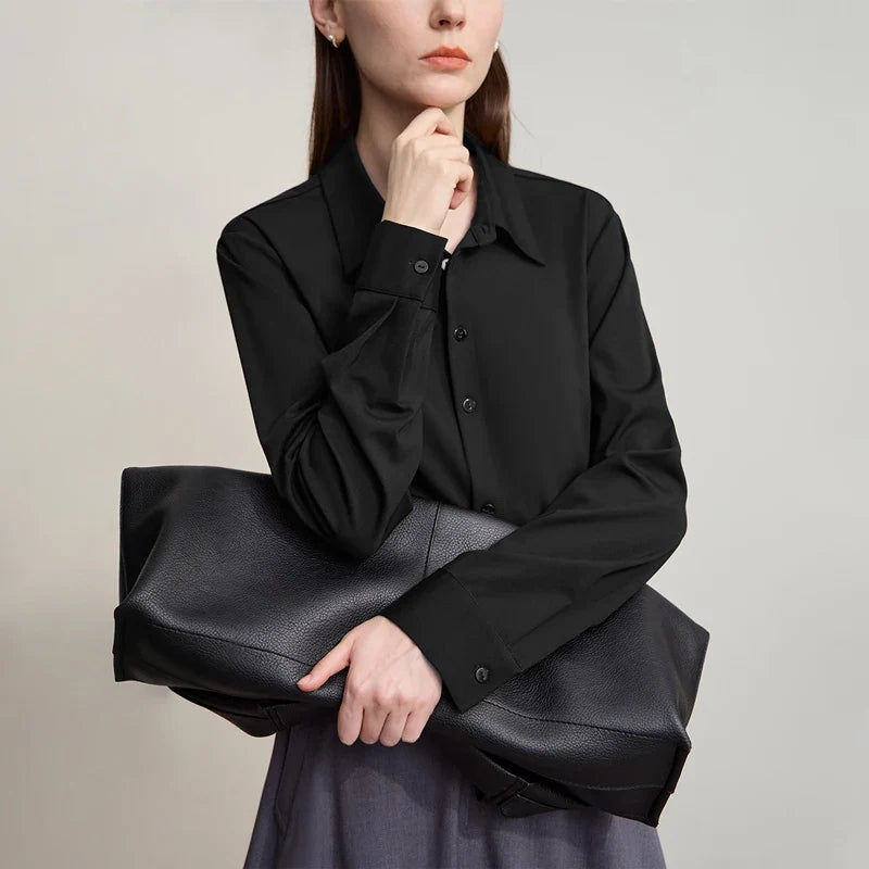 Women's Shirt 2025 Autumn New Minimalist Solid Knitted Ladies Tops Versatile Long Sleeve Straight Women's Blouse 12553101