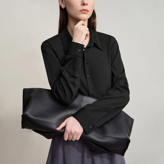 Women's Shirt 2025 Autumn New Minimalist Solid Knitted Ladies Tops Versatile Long Sleeve Straight Women's Blouse 12553101