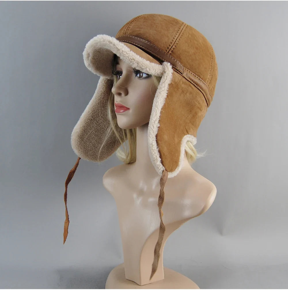 Real Fur Wool Hat Unisex New Winter Warm Bomber Russian Ushanka Hats With Ear Flaps Cow Leather Thick Snow Earflaps Baseball Cap