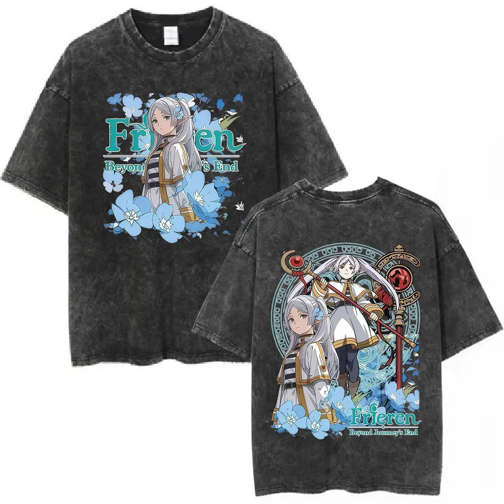 Anime Frieren: Beyond Journey's End Graphic Washed Vintage T-shirt Men's Women Fashion Short Sleeve Cotton Casual Loose T Shirts