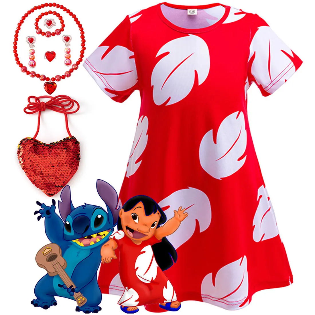 Costume Girl Cosplay Red Dress Short Sleeve Pajamas Hawaiian Printed Dress Summer Beach Outfit + Stitch Doll Set