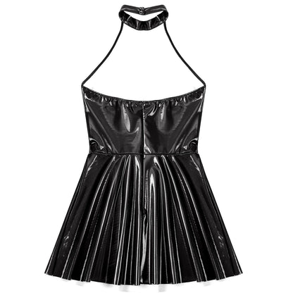 Womens Glossy Patent Leather Glossy Mini Skater Dress Halter Backless Bodycon Lingerie A-Line Dresses Rave Disco Party Clubwear
