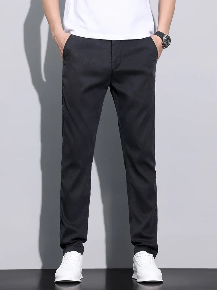 Fiber Fabric Summer Men's Casual Pants Fashion Thin Soft Breathable Elastic Business Slim Straight Trousers Black Gray
