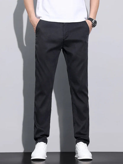 Fiber Fabric Summer Men's Casual Pants Fashion Thin Soft Breathable Elastic Business Slim Straight Trousers Black Gray