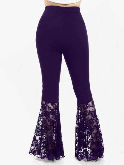Plus Size Womens Pull On Flare Pants Gothic High Waist Overlength Lace Panel With Lace-up Pleated Trousers Skinny Pants