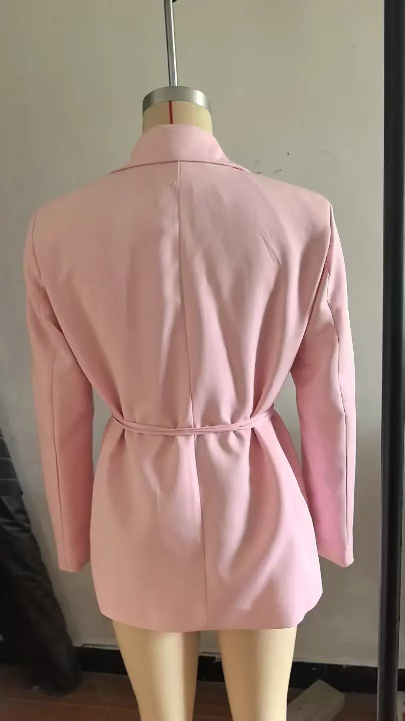 Women Notched Lapel Blazer with Floral Rose Belt Waist Tie Slim Long Sleeve Suit Jacket