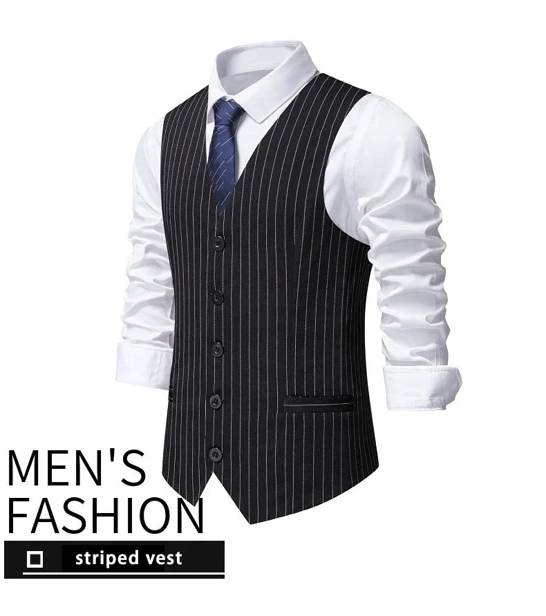 2026 New Red Striped Suit Vest For Men,Fashion Business Formal Wear Casual Khaki/Black Stripes Waistcoats