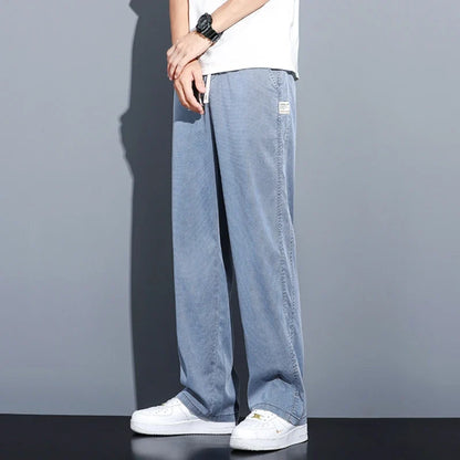 Summer Soft Lyocell Fabric Men's Jeans Thin Loose Straight Pants Drawstring Elastic Waist Korea Casual Trousers Plus Size M-5XL
