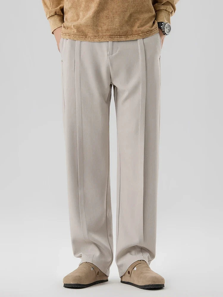 2023 New Autumn Casual Pants Men Korean Fashion Banded Waist Stretch Wide Leg Pleated Suit Slacks Straight Loose Drape Trousers