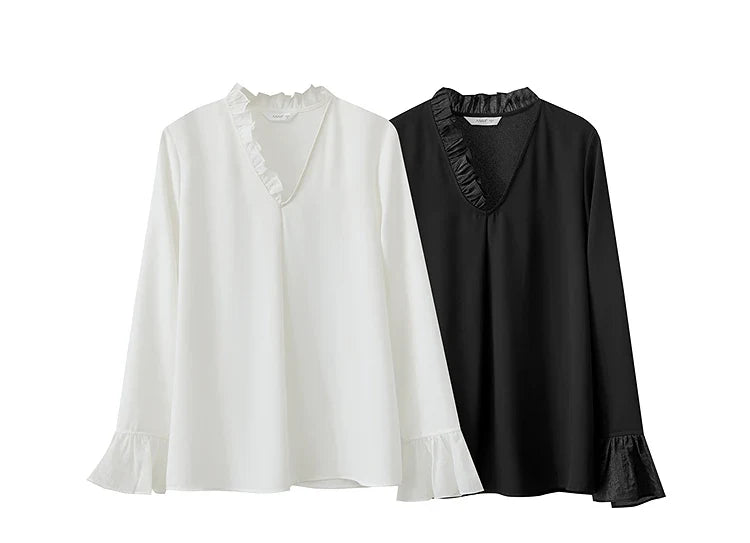 Minimalist Chiffon Shirt For Women 2025 Autumn New Office Lady V-neck Ruffle Splicing Loose Long Sleeved Blouse 12511078