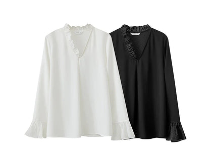 Minimalist Chiffon Shirt For Women 2025 Autumn New Office Lady V-neck Ruffle Splicing Loose Long Sleeved Blouse 12511078