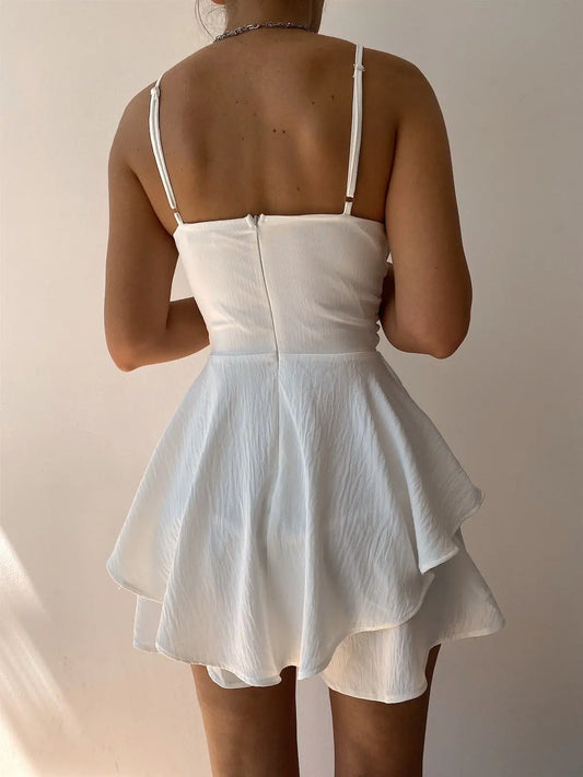 Slim Suspender Strap Sexy Dresses Y2k Solid Ruffles Rompers Summer Casual Threaded Slip Playsuits Female Elegant Clothes