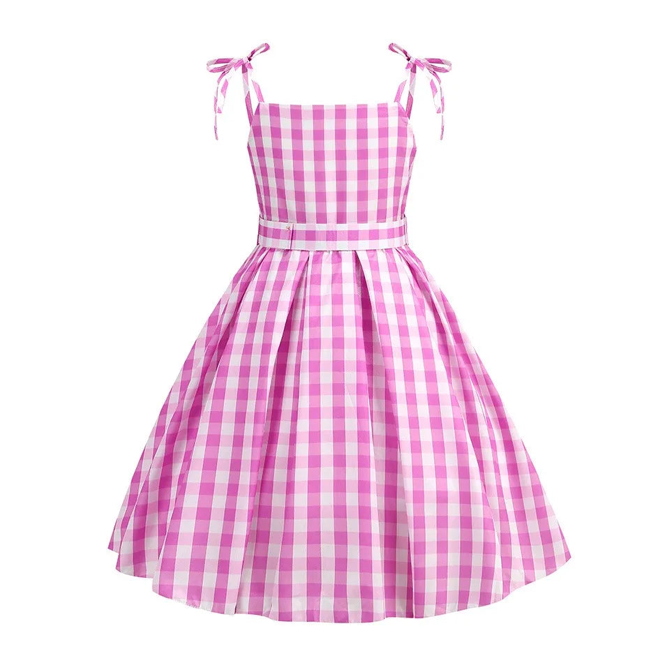 Halloween Hot Movie Barbei Baby Girl Pink Cowboy Look Dress Summer Beach Stripe Cute Sleeveless Plaid Slim Strap Dress Set