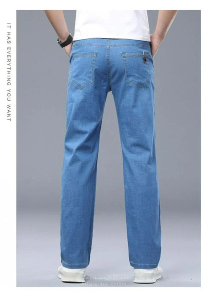 Summer Thin Men's Elastic Cotton Jeans Fashion Business Straight Casual Denim Pants Male Work Clothes Slim Trousers Plus Size 40