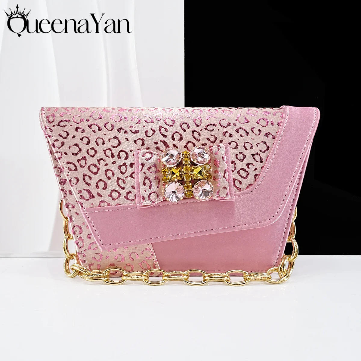 Queena Yan  2025 Shiny Italian Fashion Pointed Toe Women Heel Fashion Rhinestone Decoration Pink Color Shoes And Bag Set