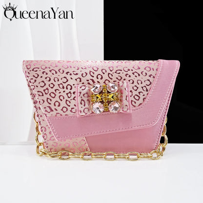Queena Yan  2025 Shiny Italian Fashion Pointed Toe Women Heel Fashion Rhinestone Decoration Pink Color Shoes And Bag Set