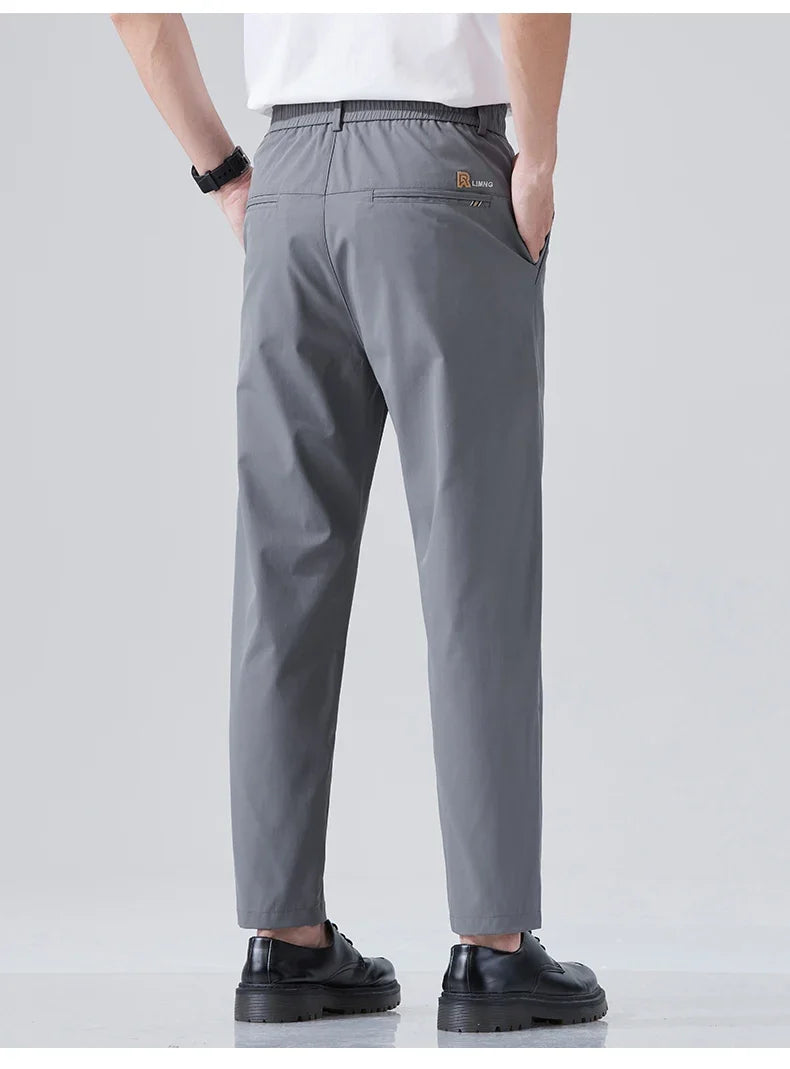 2026 Spring Summer Thin Ice Silk Suit Pants Men's Business Straight Slim High Elastic Ankle Length Casual Pants Male
