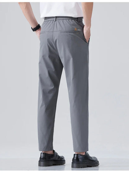 2026 Spring Summer Thin Ice Silk Suit Pants Men's Business Straight Slim High Elastic Ankle Length Casual Pants Male
