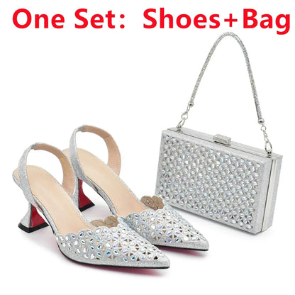 Gold Shoes and Bags Set for Women Ladies Shoe and Bag Set Latest Designers Pointed Toe Shoes Sexy Wedding Party Sandals