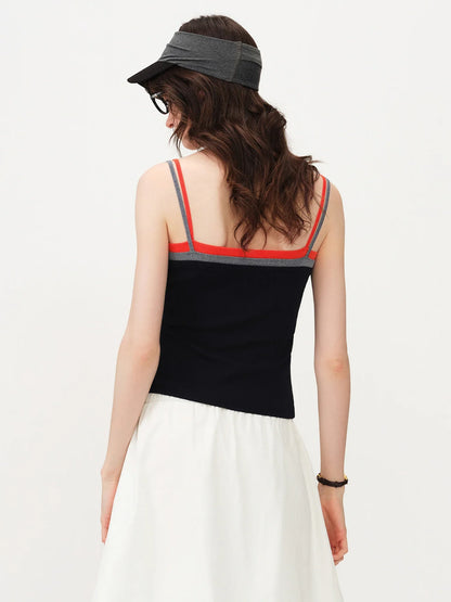 2026 Summer Women Color Block Contrast Trim Cami Top, Navy Slim Fit Cropped Vest for Y2K Daily Layering Style Chic Hot Girl