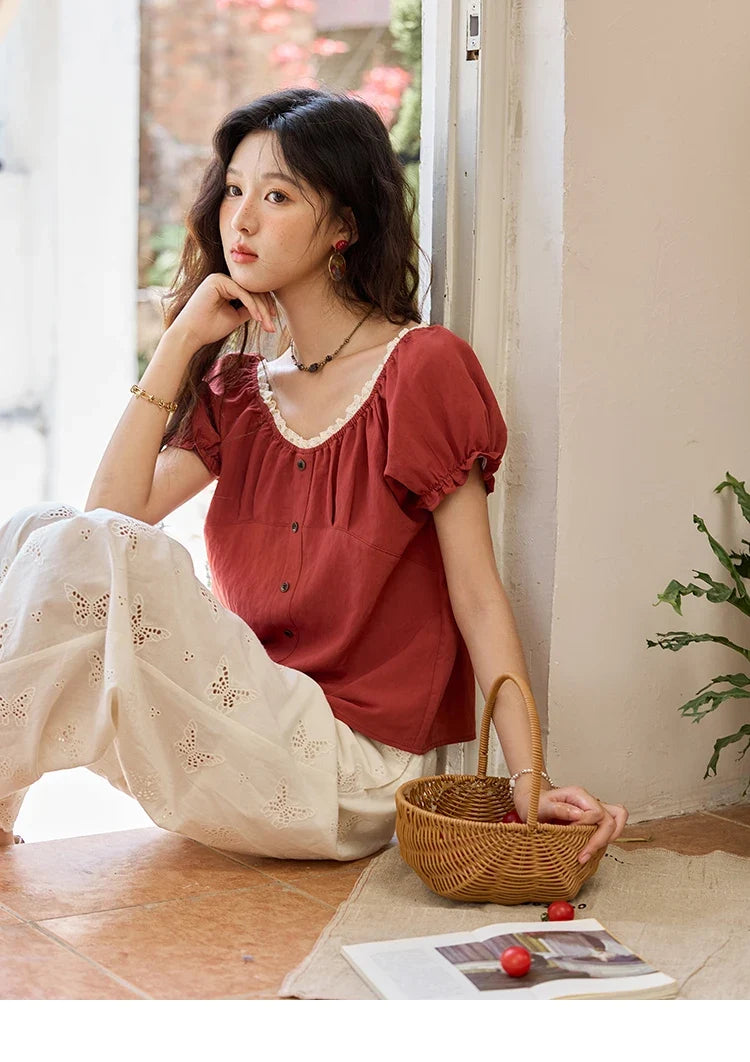French Summer Shirts for Women 2025 Short Puff Sleeve Lace Colla Slimming Blouses Female Sweet Fashion New MXE35X1827