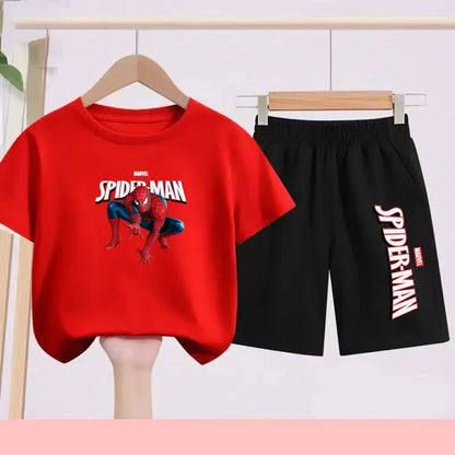 2026 Children's Sports Outfit with Spider Pattern Cartoon Print - T-shirt + Shorts Set, Suitable for Children Aged 3 To 13.