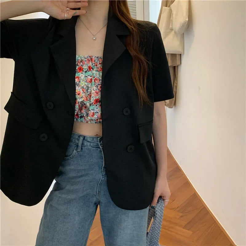 2025 Women's Summer Short-sleeved Jacket Casual All-match Loose Double-breasted Blazers Coat Woman Korean Chic White Blazer