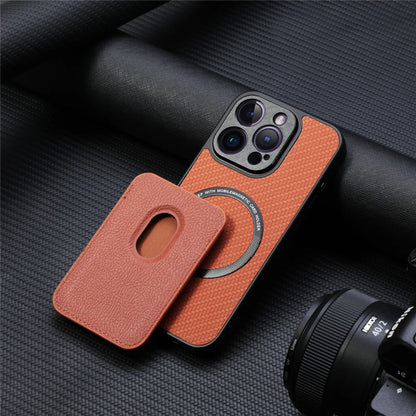 Carbon Fiber Style PU Leather for Magsafe Case for iPhone 17 Air 16 15 Pro Max 16e 14 Plus 11 12 13 Mini Cover Card Holder LM2