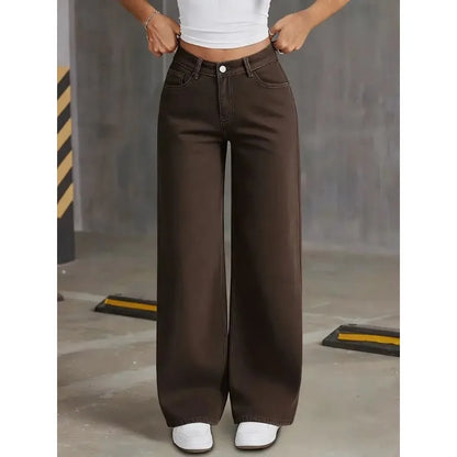 2026 New Brown Stretch Wide Leg Jeans Women High Waist Loose Straight Denim Pants Streetwear Casual Vintage Trousers