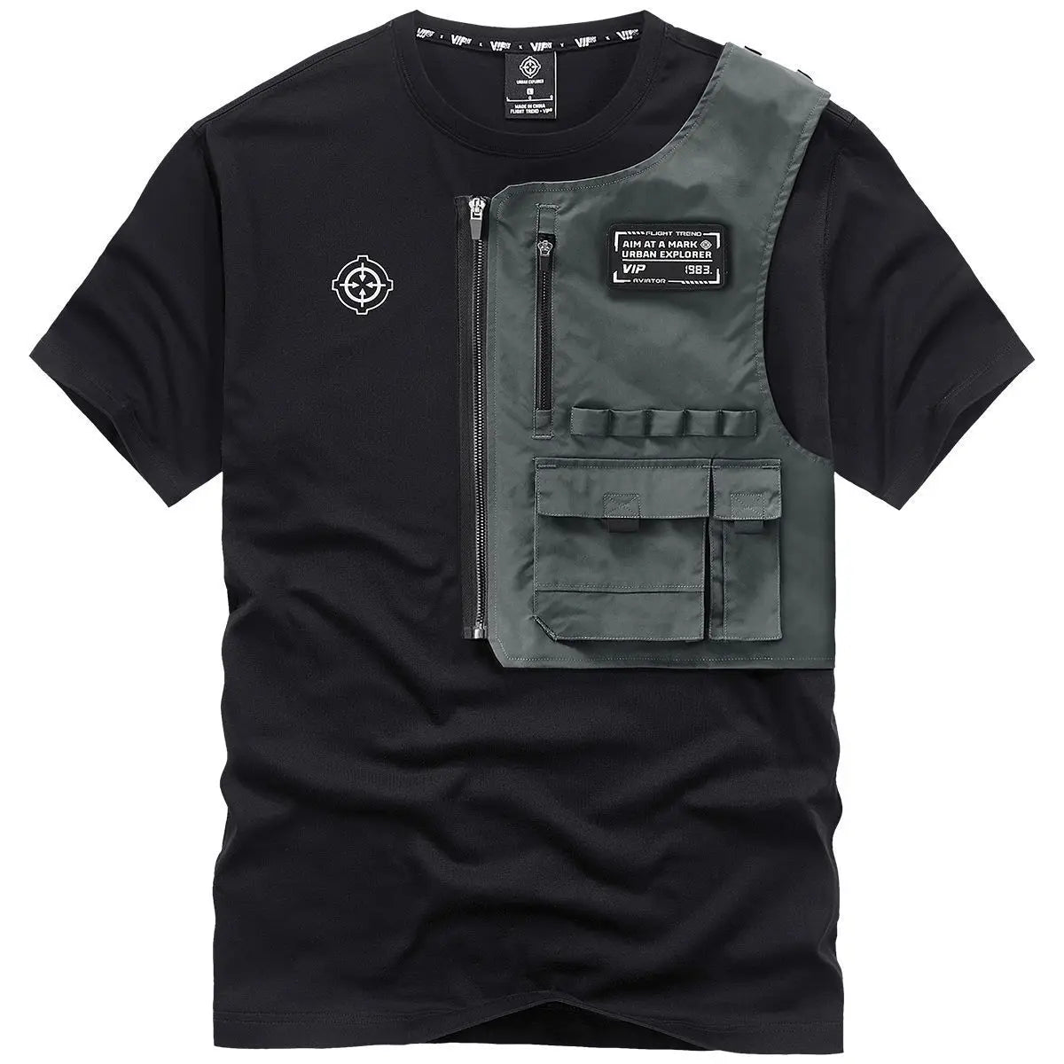 Fashion Men Black Techwear 100% Cotton Patch Stich Short Sleeve T-Shirts Summer Mens Oversized Locomotive Style Tooling T Shirt