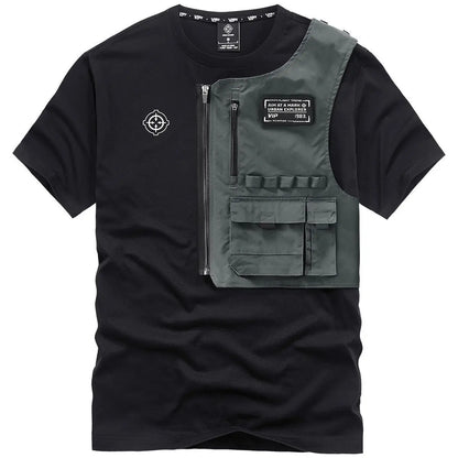 Fashion Men Black Techwear 100% Cotton Patch Stich Short Sleeve T-Shirts Summer Mens Oversized Locomotive Style Tooling T Shirt