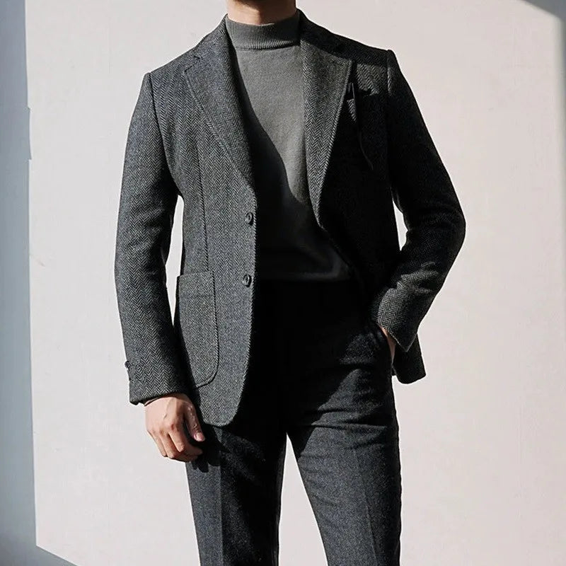Autumn and Winter British Retro Wool Herringbone Men's Suit Jacket European and American Thick Tweed Woolen Coat