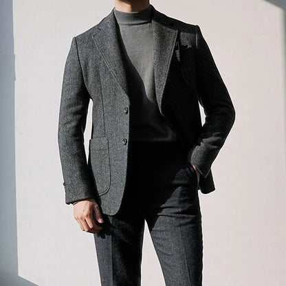 Autumn and Winter British Retro Wool Herringbone Men's Suit Jacket European and American Thick Tweed Woolen Coat