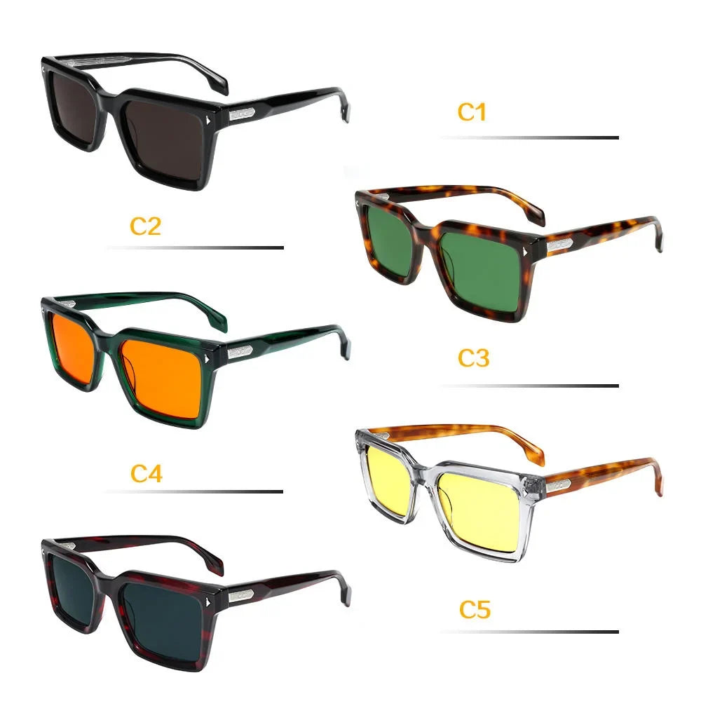Designer Retro Rivet Tortoise Acetate Rectangle Sunglasses UV400 Non-Polarized Unisex Eyewear