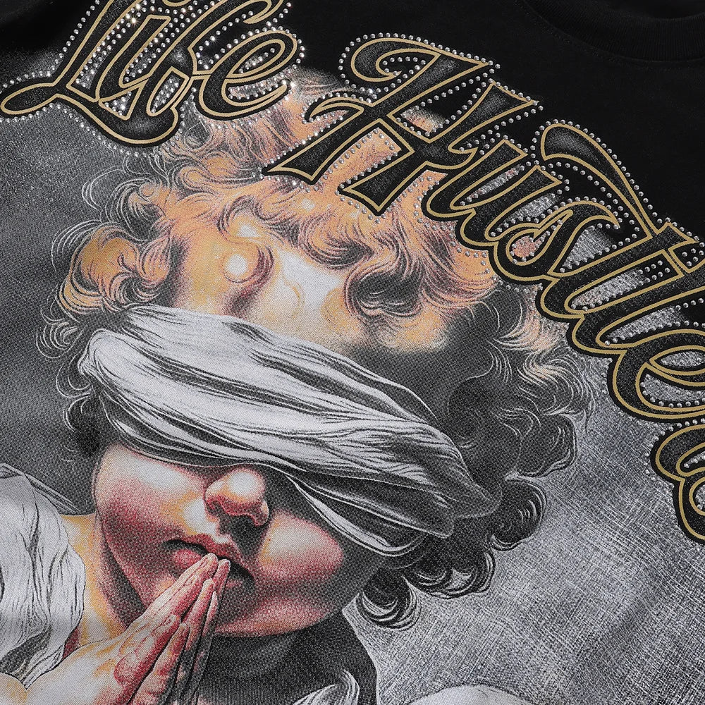 Life Hustlers Angel Baby Print High Street Loose Unisex Short Sleeve T-Shirt Prayer Cross Design Cotton American Style round ...